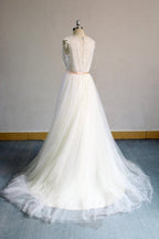 V Neck Sleeveless A Line Champagne Tulle Wedding Dress With Lace Appliques On Sale