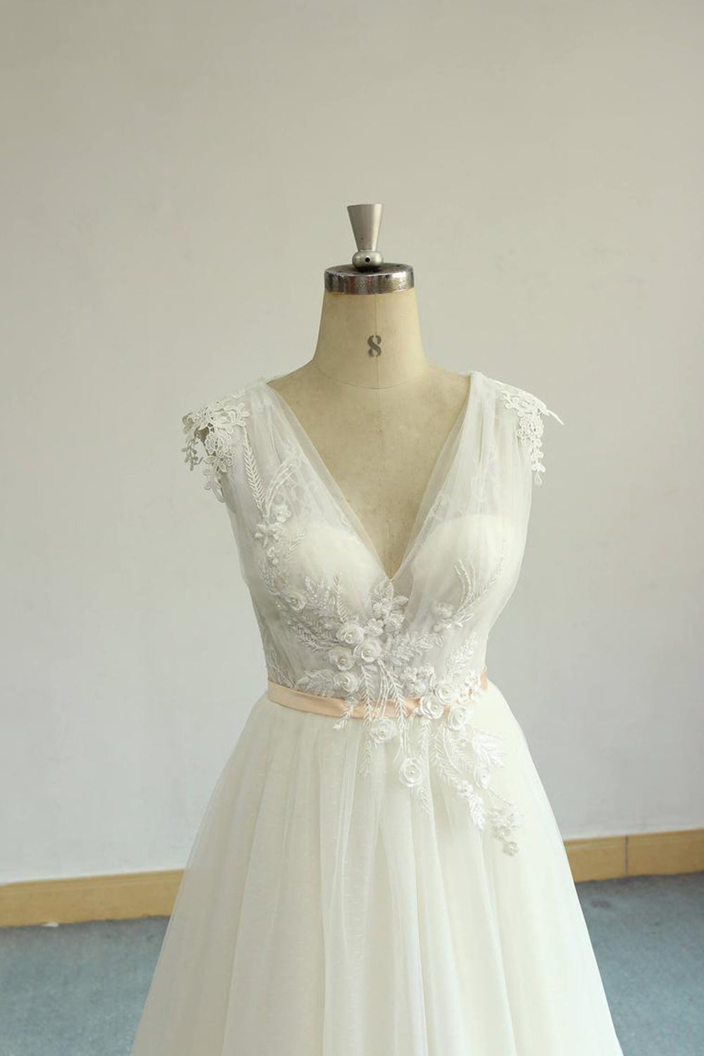 V Neck Sleeveless A Line Champagne Tulle Wedding Dress With Lace Appliques On Sale
