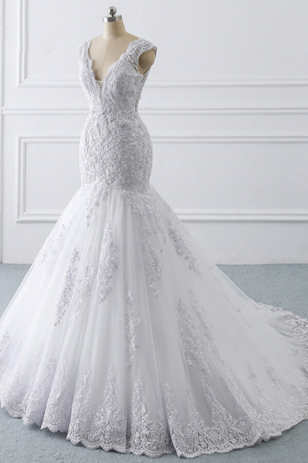 Gorgeous V Neck Sleeveless Mermaid Wedding Dress Lace White Bridal Gown On Sale