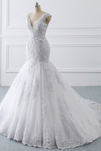 Gorgeous V Neck Sleeveless Mermaid Wedding Dress Lace White Bridal Gown On Sale