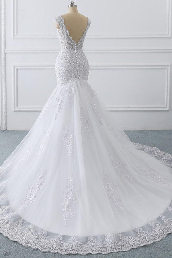 Gorgeous V Neck Sleeveless Mermaid Wedding Dress Lace White Bridal Gown On Sale