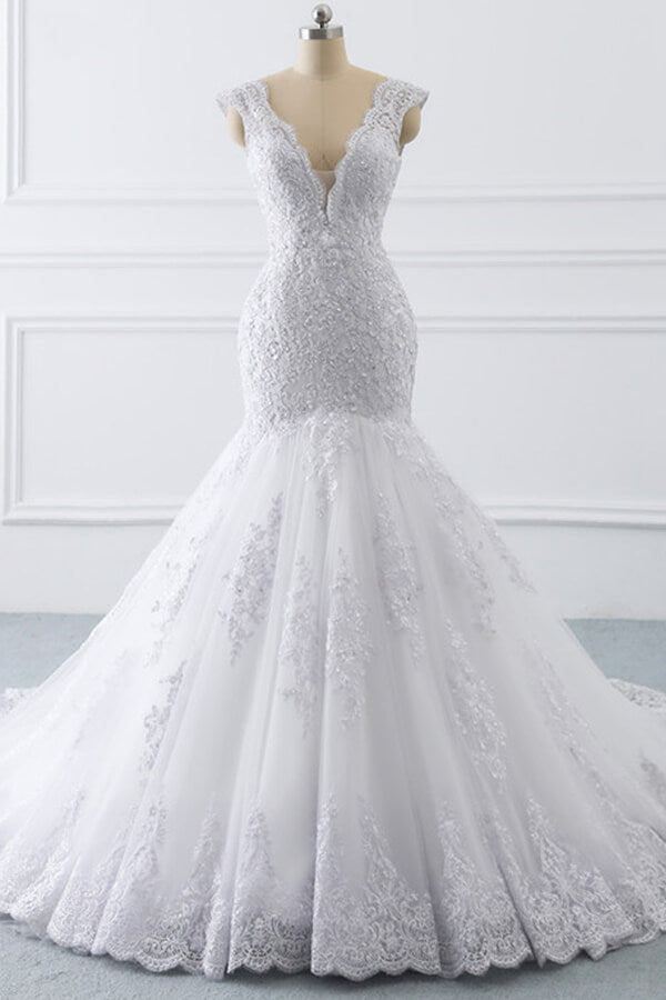 Gorgeous V Neck Sleeveless Mermaid Wedding Dress Lace White Bridal Gown On Sale