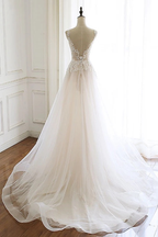 White Tulle Lace A Line Wedding Dress V Neck Sleeveless Floor Length Custom Size