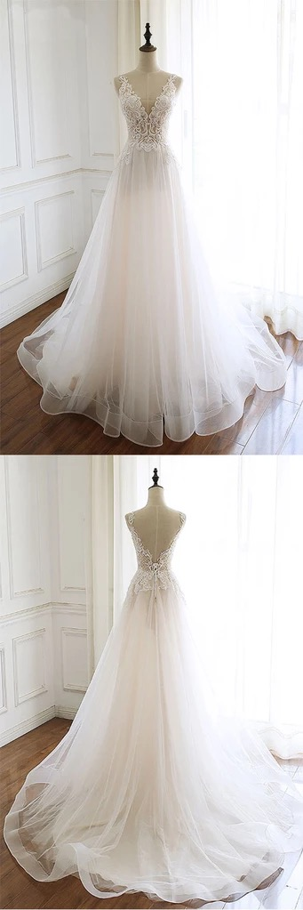 White Tulle Lace A Line Wedding Dress V Neck Sleeveless Floor Length Custom Size