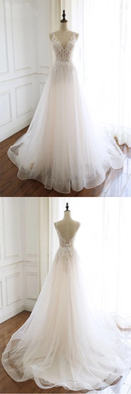 White Tulle Lace A Line Wedding Dress V Neck Sleeveless Floor Length Custom Size