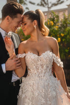 Ivory Off The Shoulder A Line Wedding Dress With Appliques