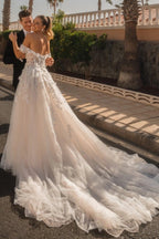 Ivory Off The Shoulder A Line Wedding Dress With Appliques