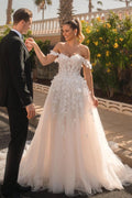 Ivory Off The Shoulder A Line Wedding Dress With Appliques