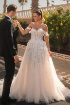 Ivory Off The Shoulder A Line Wedding Dress With Appliques