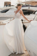 Graceful Ivory V Neck Sleeveless A Line Wedding Dress With Appliques