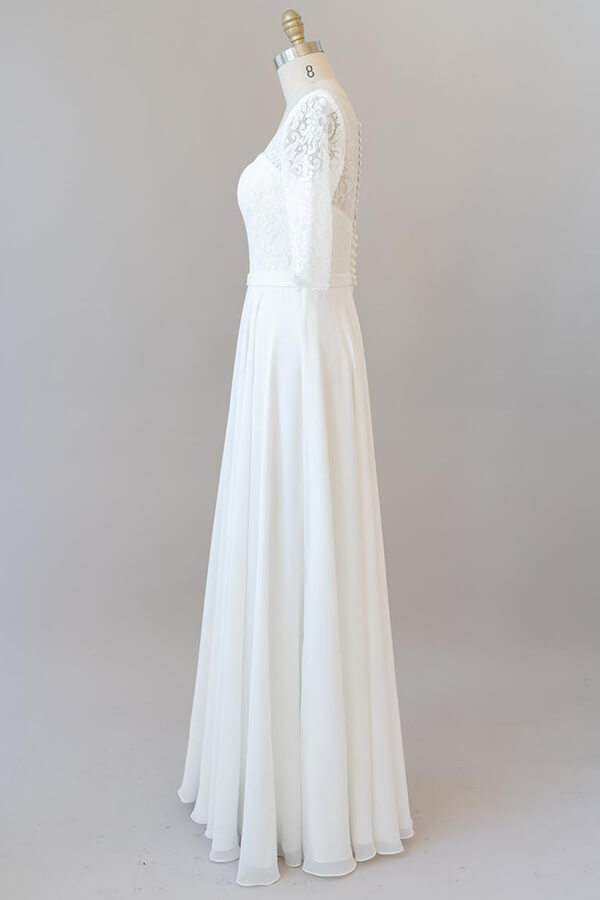 Robe de mariée longue en mousseline avec dentelle et manches, coupe évasée élégante