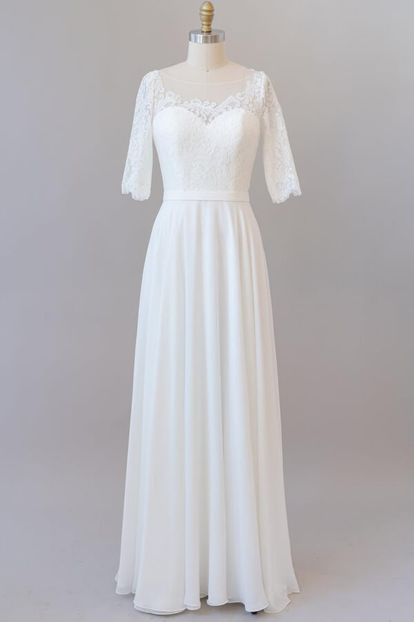 Robe de mariée longue en mousseline avec dentelle et manches, coupe évasée élégante