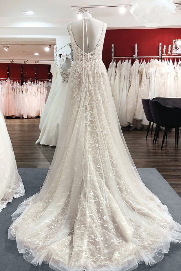 Robes de mariée longues en tulle, ligne A élégante, col en V, dos nu en dentelle