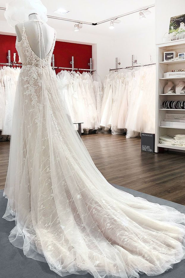 Robes de mariée longues en tulle, ligne A élégante, col en V, dos nu en dentelle