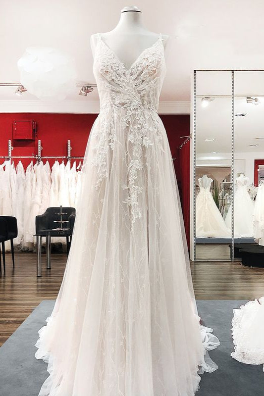 Robes de mariée longues en tulle, ligne A élégante, col en V, dos nu en dentelle