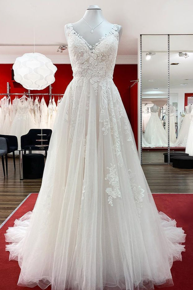 Robes de mariée longues en tulle, ligne A élégante, col en V, dos ouvert en dentelle