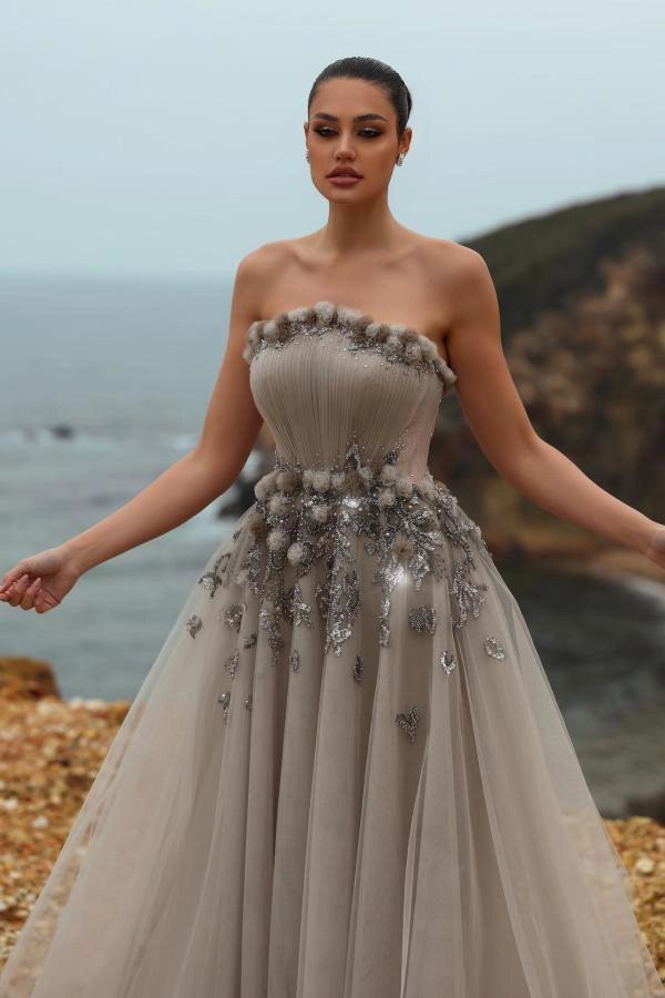 Gray A Line Evening Gown With 3D Floral Applique And Pleated Bodice