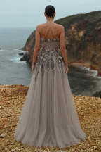 Gray A Line Evening Gown With 3D Floral Applique And Pleated Bodice