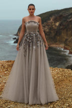 Gray A Line Evening Gown With 3D Floral Applique And Pleated Bodice