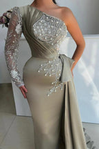 Gray One Shoulder Satin Evening Gown Pearl Crystal Branch Embroidery