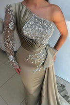 Gray One Shoulder Satin Evening Gown Pearl Crystal Branch Embroidery