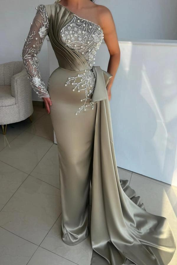 Gray One Shoulder Satin Evening Gown Pearl Crystal Branch Embroidery