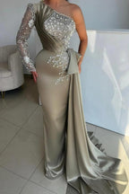 Gray One Shoulder Satin Evening Gown Pearl Crystal Branch Embroidery
