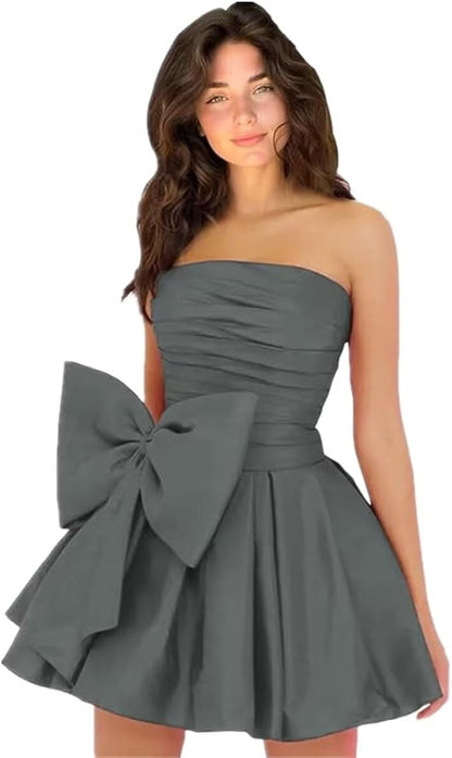 Vestidos de fiesta cortos y elegantes de corte A, sin mangas, sin tirantes, fruncidos, con cordones y lazo