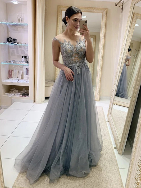 Grey Long A-line Round Neck Tulle Lace Formal Prom Dresses
