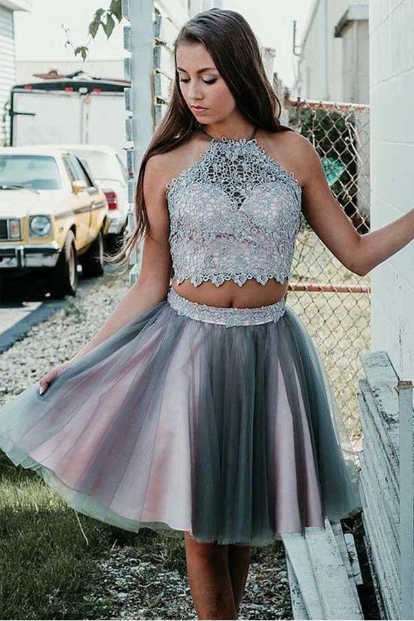 Grey Short Two Piece Halter Homecoming Party Dress with Lace