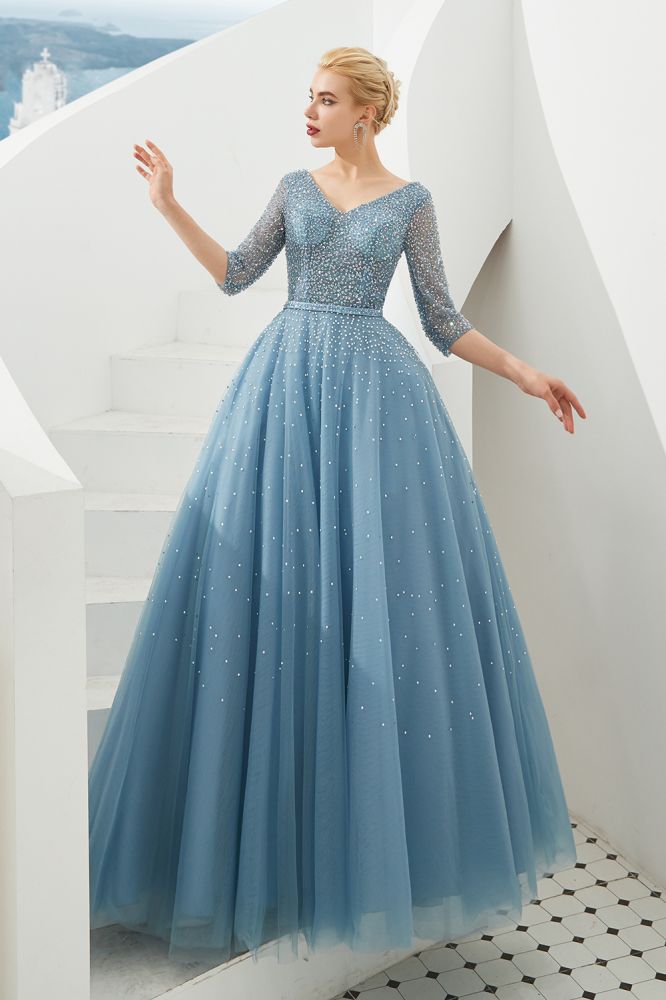 Abito lungo da sera in tulle a mezza manica, linea a trapezio, con perline e scollo a V per ballo di fine anno