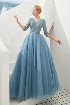 Abito lungo da sera in tulle a mezza manica, linea a trapezio, con perline e scollo a V per ballo di fine anno