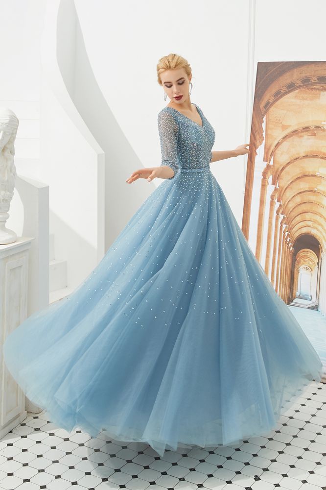 Abito lungo da sera in tulle a mezza manica, linea a trapezio, con perline e scollo a V per ballo di fine anno