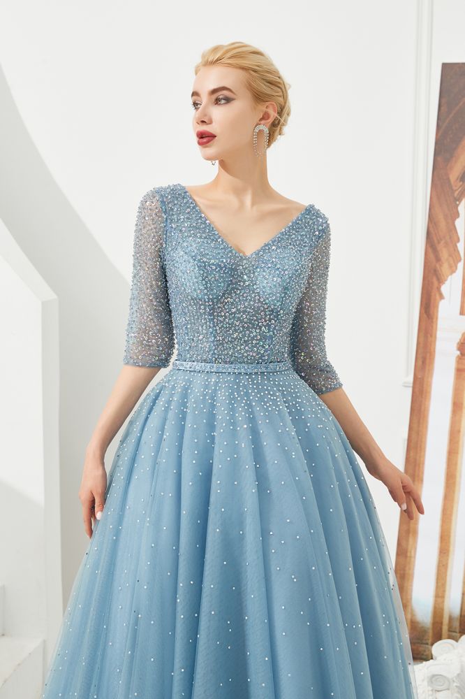 Abito lungo da sera in tulle a mezza manica, linea a trapezio, con perline e scollo a V per ballo di fine anno