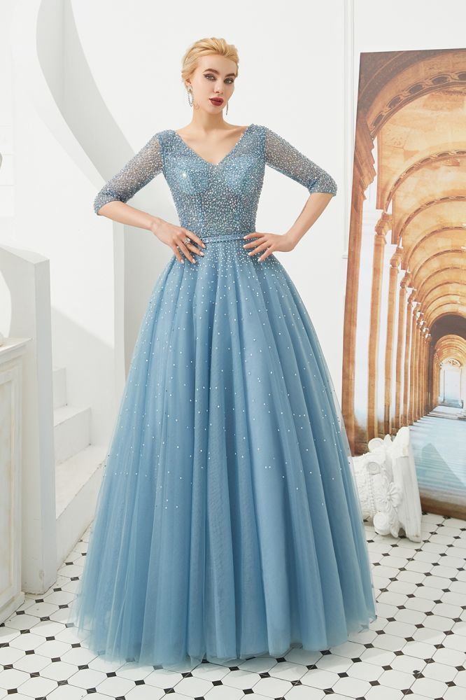 Abito lungo da sera in tulle a mezza manica, linea a trapezio, con perline e scollo a V per ballo di fine anno