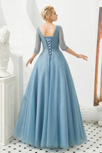 Abito lungo da sera in tulle a mezza manica, linea a trapezio, con perline e scollo a V per ballo di fine anno