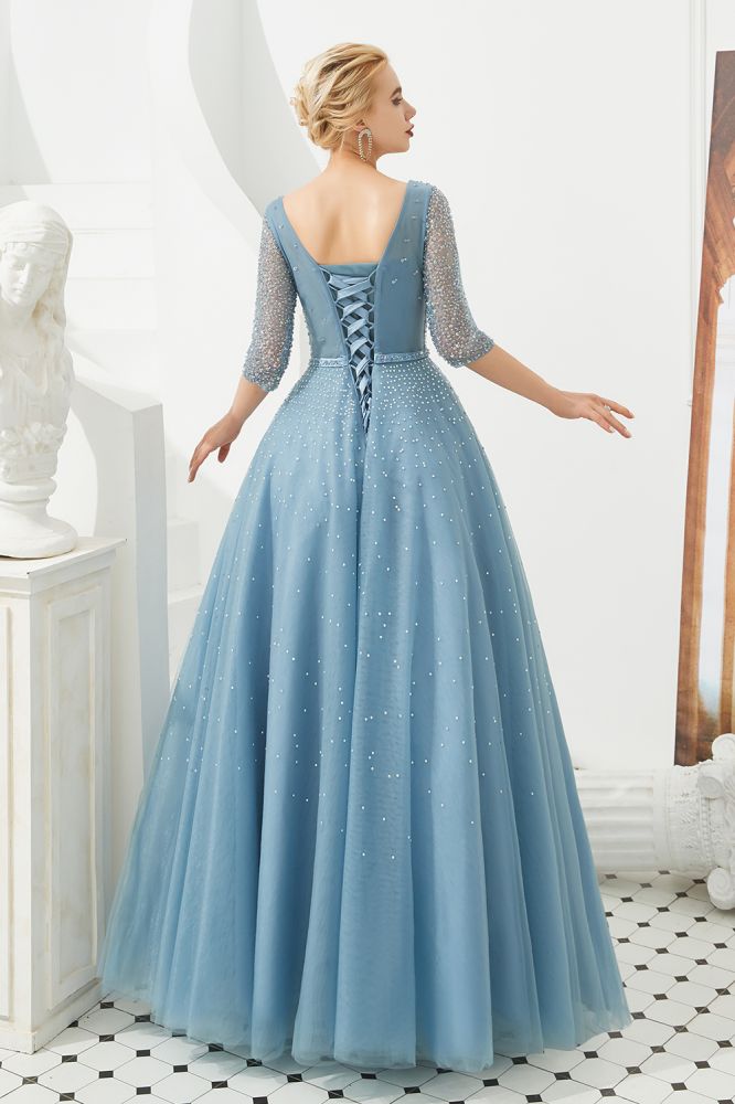 Abito lungo da sera in tulle a mezza manica, linea a trapezio, con perline e scollo a V per ballo di fine anno