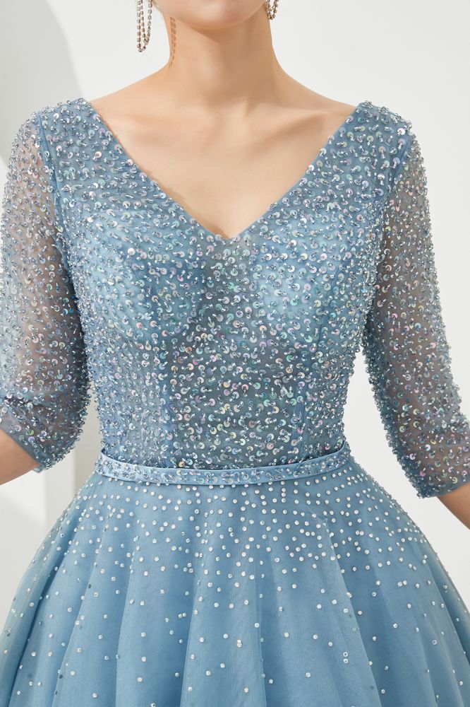 Abito lungo da sera in tulle a mezza manica, linea a trapezio, con perline e scollo a V per ballo di fine anno