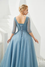Abito lungo da sera in tulle a mezza manica, linea a trapezio, con perline e scollo a V per ballo di fine anno