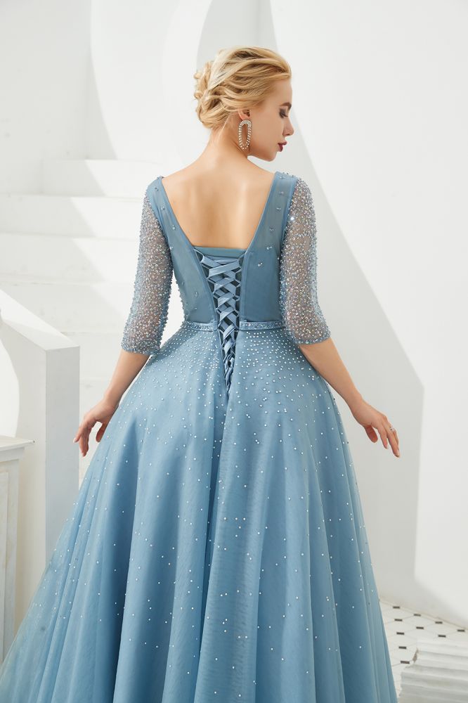 Abito lungo da sera in tulle a mezza manica, linea a trapezio, con perline e scollo a V per ballo di fine anno