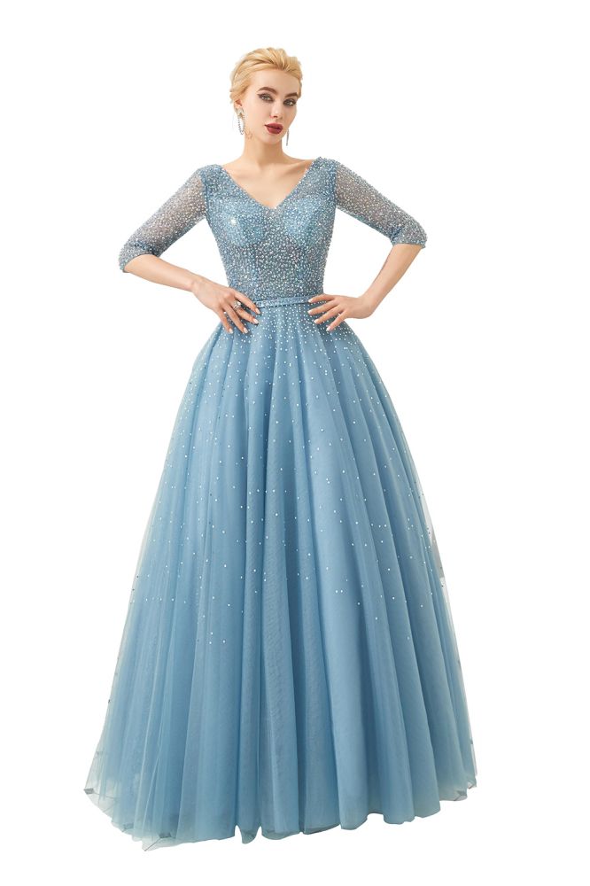 Abito lungo da sera in tulle a mezza manica, linea a trapezio, con perline e scollo a V per ballo di fine anno
