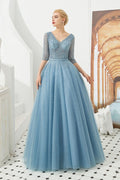 Abito lungo da sera in tulle a mezza manica, linea a trapezio, con perline e scollo a V per ballo di fine anno