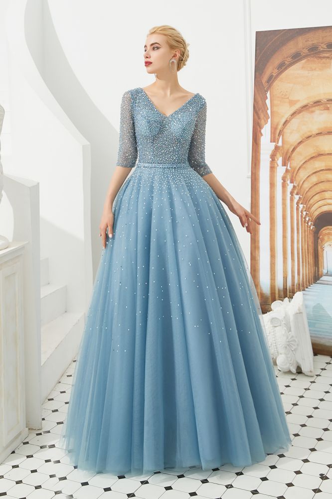 Abito lungo da sera in tulle a mezza manica, linea a trapezio, con perline e scollo a V per ballo di fine anno