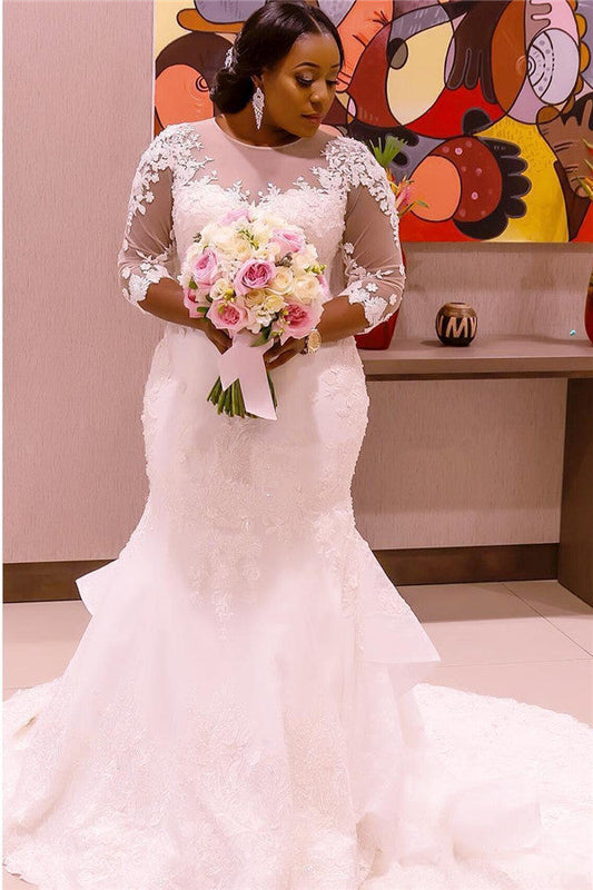 Robe de mariée sirène à manches mi-longues en tulle transparent