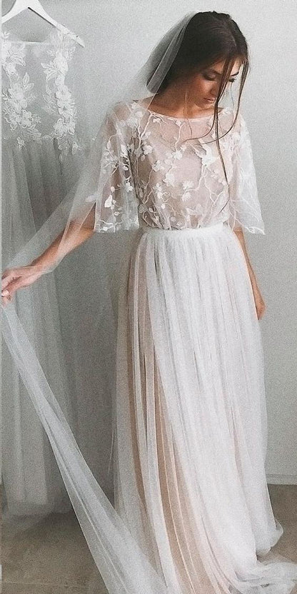 Halbarm Brautkleider A-Linie Elegante Einfache Romantische Spitze Brautkleid