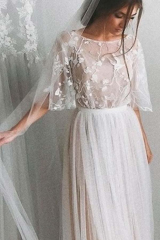 Halbarm Brautkleider A-Linie Elegante Einfache Romantische Spitze Brautkleid