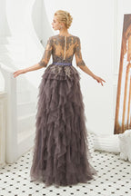 Half Sleeves Floral lace Prom Dress Fur Floor Length Evening Party Dress