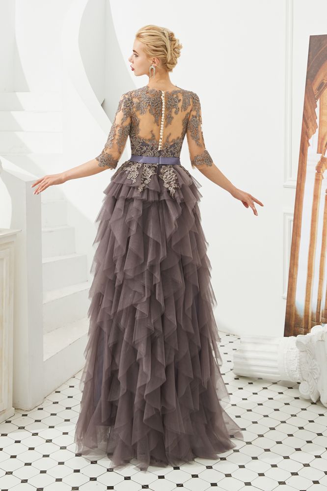 Half Sleeves Floral lace Prom Dress Fur Floor Length Evening Party Dress