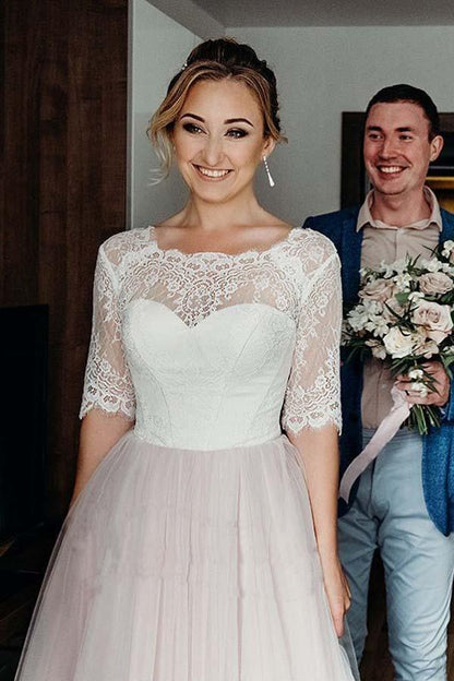Rosa, rückenfreies, bodenlanges Brautkleid mit halben Ärmeln und Schnürung