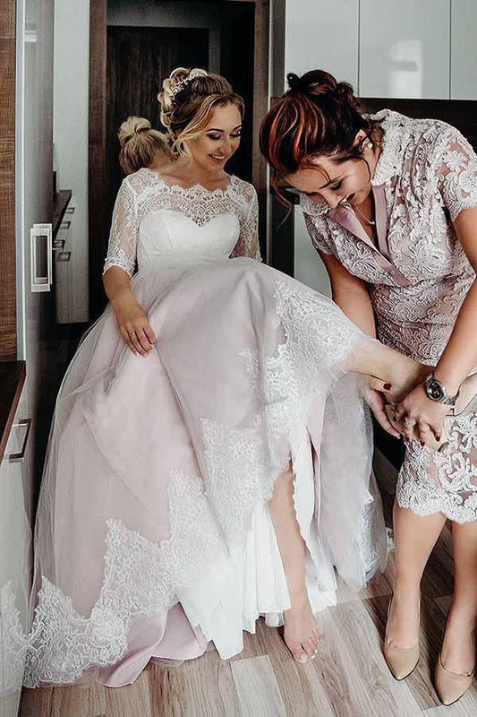 Rosa, rückenfreies, bodenlanges Brautkleid mit halben Ärmeln und Schnürung
